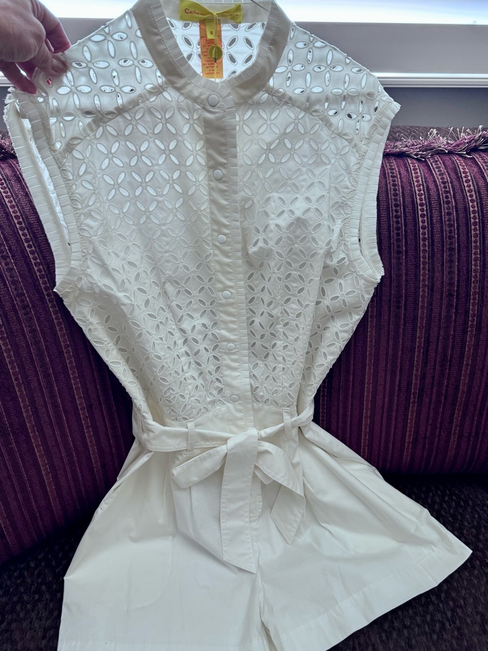 Catherine Malandrino White Eyelet Button-Front Romper with Tie Waist